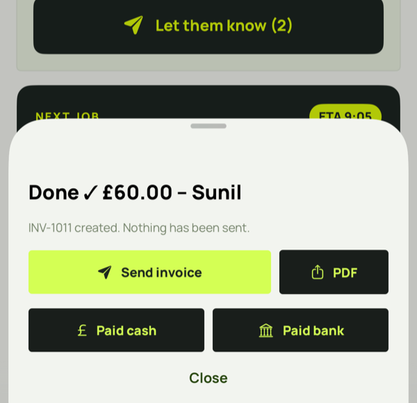 Done sheet showing invoice created with Send invoice, PDF, Paid cash and Paid bank buttons