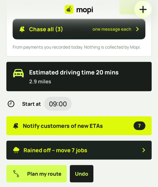 Route planning on the Today tab with estimated driving time and Plan my route