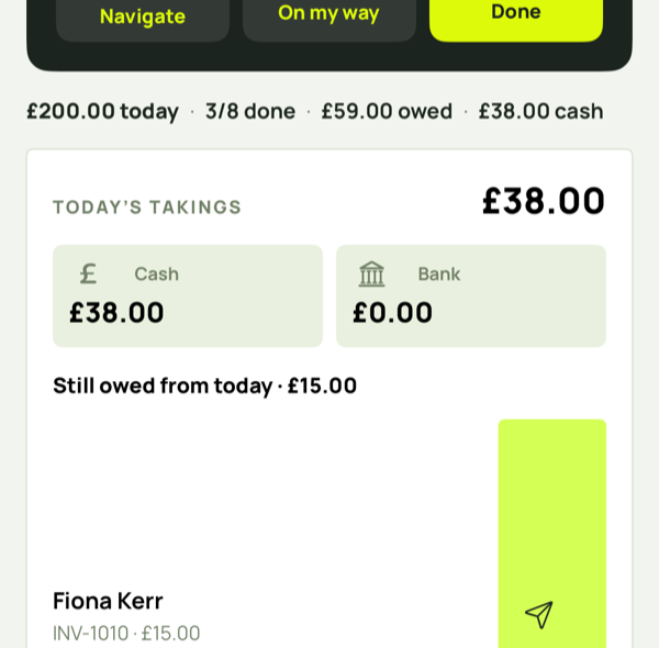 Today's takings card showing cash, bank and still owed